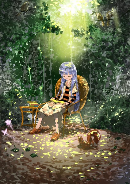 Anime picture 1240x1754 with original r.p.s single long hair tall image sitting blue hair eyes closed girl plant (plants) animal tree (trees) book (books) leaf (leaves) insect butterfly squirrel
