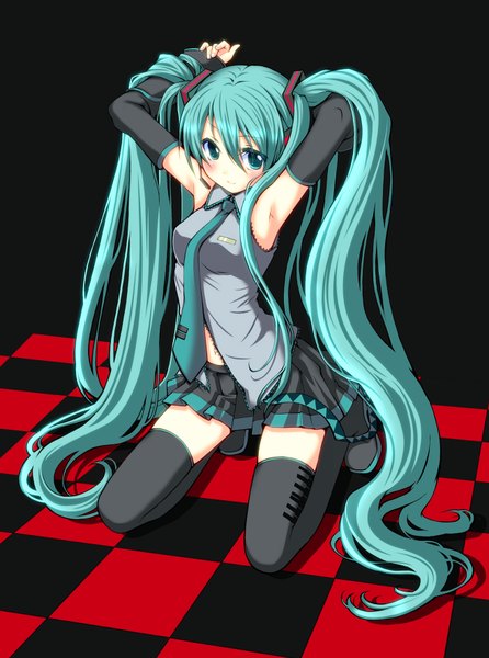 Anime picture 1316x1770 with vocaloid hatsune miku t28 (artist) single tall image looking at viewer blush twintails very long hair aqua eyes aqua hair armpit (armpits) checkered floor girl thighhighs skirt black thighhighs detached sleeves miniskirt necktie