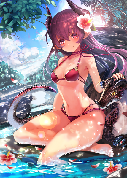 Anime picture 1000x1400 with million arthur (series) original square enix uro (uro zi) single long hair tall image looking at viewer blush fringe breasts light erotic smile hair between eyes red eyes sitting purple hair cloud (clouds) bent knee (knees) barefoot