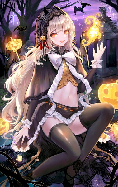 Anime picture 2000x3166 with original clearpage single long hair tall image looking at viewer fringe highres open mouth light erotic blonde hair blunt bangs :d midriff orange eyes fang (fangs) halloween bare tree girl thighhighs