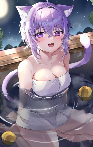 Anime picture 1304x2048 with virtual youtuber hololive nekomata okayu 129 nemui single tall image looking at viewer fringe short hair breasts open mouth light erotic smile hair between eyes large breasts sitting purple eyes animal ears purple hair tail