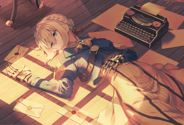 Anime picture 1711x1158 with violet evergarden kyoto animation violet evergarden (character) hopepe single fringe highres short hair blue eyes blonde hair hair between eyes payot looking away indoors lying braid (braids) sunlight shadow on back mechanical arms