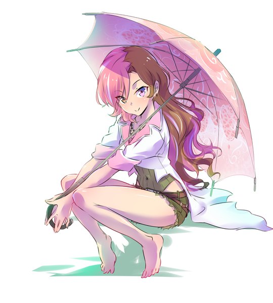 Anime picture 3600x4000 with rwby rooster teeth neopolitan (rwby) iesupa single long hair tall image looking at viewer highres simple background smile brown hair white background brown eyes pink hair absurdres pink eyes multicolored hair barefoot bare legs