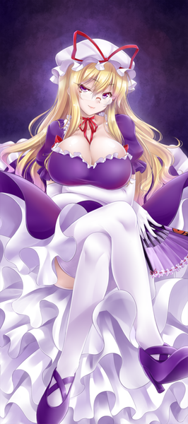 Anime picture 800x1800 with touhou yakumo yukari okitakung single long hair tall image looking at viewer breasts light erotic blonde hair large breasts purple eyes girl thighhighs dress white thighhighs glasses bonnet fan