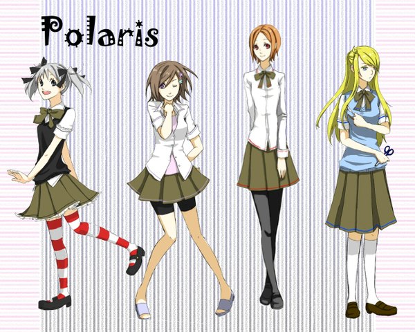 Anime picture 1280x1024 with original supi719 spica0719 blonde hair brown hair twintails purple eyes multiple girls looking away one eye closed grey hair wink orange hair short twintails girl thighhighs skirt bow shirt pantyhose