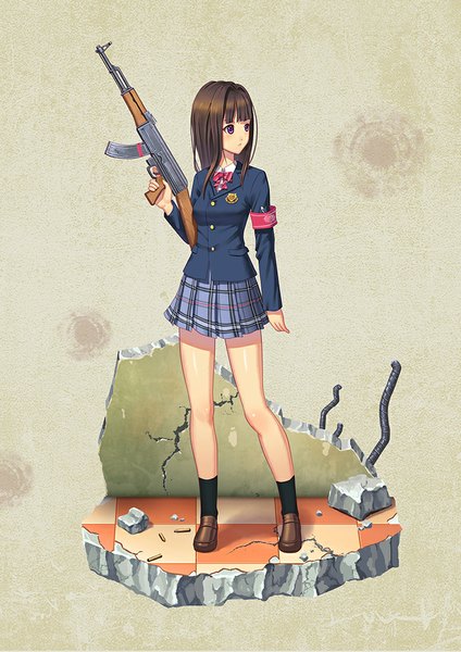 Anime picture 763x1079 with original guang yiren single long hair tall image brown hair purple eyes looking away girl skirt uniform weapon school uniform socks shoes gun black socks assault rifle ak-47