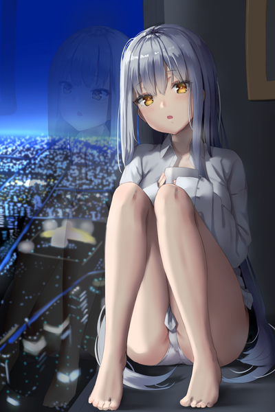 Anime picture 1002x1500 with original reinama single long hair tall image looking at viewer blush fringe open mouth light erotic hair between eyes sitting holding yellow eyes full body bent knee (knees) ass head tilt barefoot night