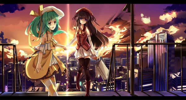 Anime picture 2500x1350 with tagme (character) baisi shaonian looking at viewer highres brown hair wide image standing purple eyes bare shoulders multiple girls brown eyes looking away sky cloud (clouds) green hair city evening sunset cityscape girl