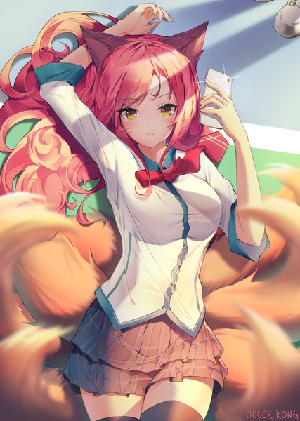 Anime picture 1422x2000 with league of legends ahri (league of legends) academy ahri (league of legends) lee seok ho single long hair tall image looking at viewer blush breasts holding signed animal ears yellow eyes pink hair red hair tail lying animal tail pleated skirt