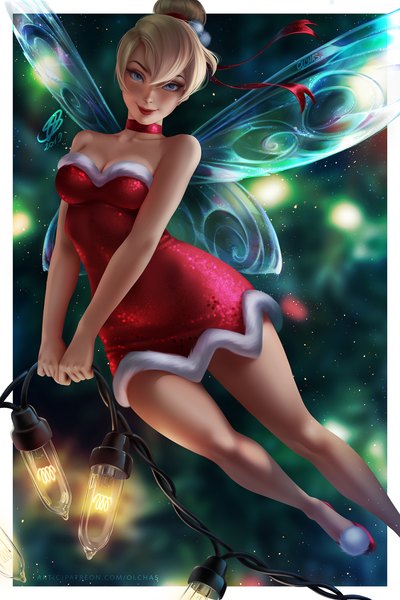 Anime-Bild 1667x2500 mit peter pan tinkerbell (character) olchas single tall image fringe short hair breasts blue eyes light erotic blonde hair smile hair between eyes bare shoulders holding signed cleavage lips blurry realistic