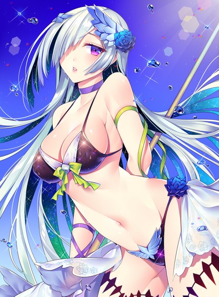 Anime picture 2480x3366 with fate (series) fate/grand order fate/prototype: fragments of blue and silver fate/prototype brynhildr (fate) may (2747513627) single long hair tall image looking at viewer blush fringe highres breasts light erotic large breasts standing purple eyes bare shoulders payot