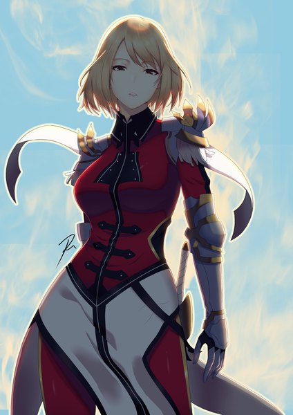 Anime picture 2480x3508 with solo leveling a-1 pictures cha hae-in raise094 single tall image looking at viewer fringe highres short hair breasts blonde hair standing brown eyes signed parted lips arm behind back girl gloves weapon