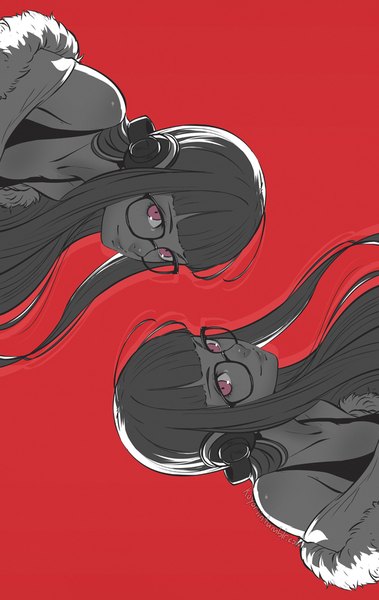 Anime picture 632x1000 with persona 5 persona sakura futaba koyoriin long hair tall image looking at viewer fringe simple background smile bare shoulders signed upper body blunt bangs pink eyes fur trim watermark monochrome red background dual persona