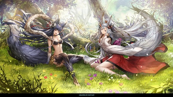 Anime picture 1920x1080 with granblue fantasy yuel (granblue fantasy) socie (granblue fantasy) komecchi looking at viewer fringe highres breasts open mouth blue eyes light erotic smile red eyes wide image bare shoulders multiple girls animal ears silver hair purple hair bent knee (knees)