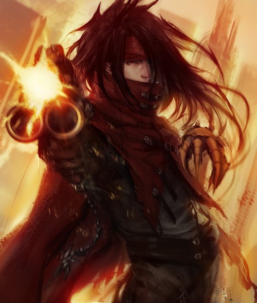 Anime picture 1000x1178 with final fantasy vii advent children final fantasy vii vincent valentine arieaesu single long hair tall image looking at viewer fringe black hair red eyes hair over one eye boy gloves weapon belt gun cloak