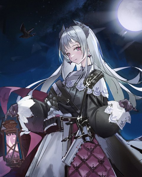 Anime picture 1890x2358 with arknights irene (arknights) clkfmbing single long hair tall image looking at viewer highres smile holding silver hair outdoors horn (horns) night multicolored eyes girl gloves earrings animal black gloves