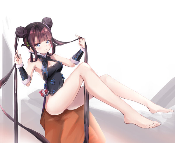 Anime picture 1100x900 with fate (series) fate/grand order yang guifei (fate) poumi single looking at viewer blush blue eyes light erotic black hair simple background smile white background sitting twintails bare shoulders full body bent knee (knees) very long hair traditional clothes