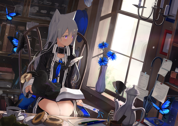 Anime picture 5098x3624 with original mikisai single long hair fringe highres sitting purple eyes animal ears looking away absurdres indoors long sleeves grey hair sunlight dutch angle sleeves past wrists eating wolf ears hat removed