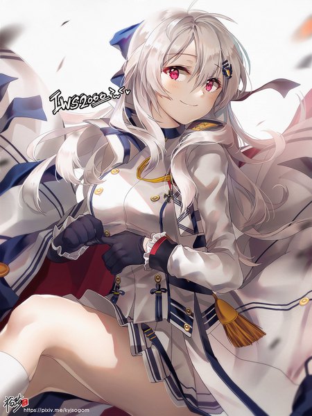 Anime picture 1080x1440 with girls frontline iws-2000 (girls frontline) kyjsogom single long hair tall image looking at viewer blush fringe smile hair between eyes sitting signed silver hair bent knee (knees) pleated skirt pink eyes character names wavy hair double buttons