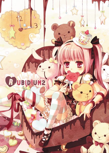 Anime picture 2591x3624 with original rubi-sama single long hair tall image blush highres twintails pink hair pink eyes loli girl thighhighs dress food sweets toy stuffed animal striped thighhighs clock