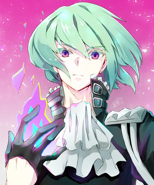 Anime picture 2500x3000 with promare studio trigger lio fotia canned rose single tall image fringe highres short hair hair between eyes purple eyes signed upper body green hair pink background boy gloves black gloves neckerchief