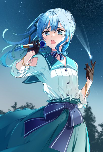 Anime picture 1700x2500 with virtual youtuber hololive hoshimachi suisei nonbire single long hair tall image fringe open mouth blue eyes standing holding payot blue hair looking away outdoors nail polish wind night arms up
