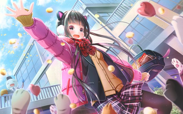 Anime picture 1919x1200 with original abo (kawatasyunnnosukesabu) single long hair looking at viewer blush fringe highres open mouth black hair standing outdoors blunt bangs nail polish black eyes sparkle outstretched arm sleeves past wrists plaid skirt valentine