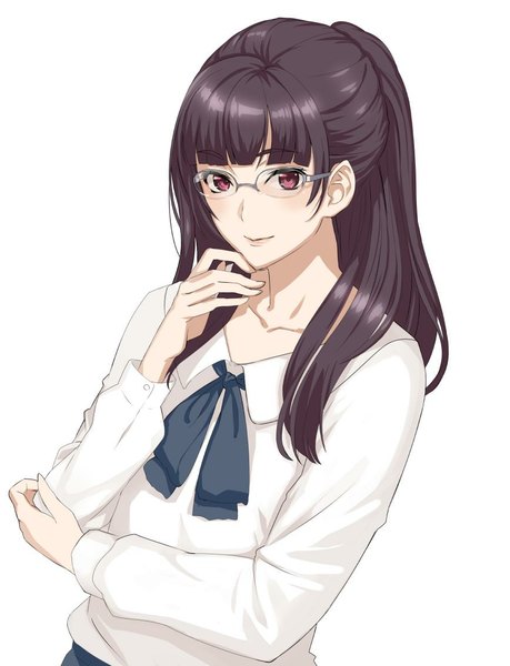 Anime picture 868x1133 with original damegane single long hair tall image looking at viewer blush fringe black hair simple background smile red eyes white background ponytail long sleeves girl glasses