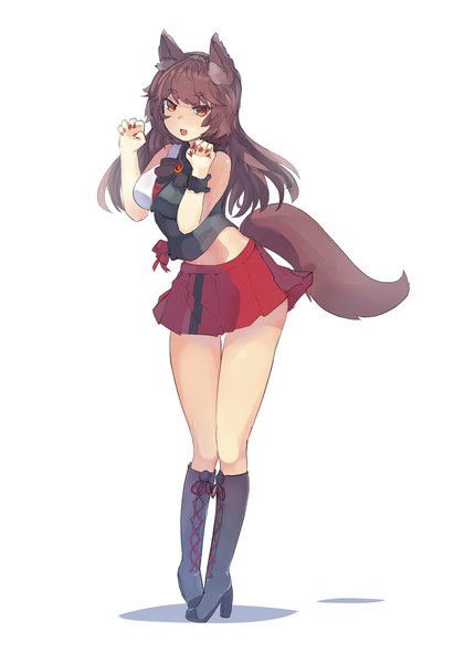Anime picture 1394x2032 with touhou imaizumi kagerou ehrrr single long hair tall image looking at viewer fringe breasts open mouth simple background brown hair large breasts standing white background bare shoulders animal ears full body tail nail polish