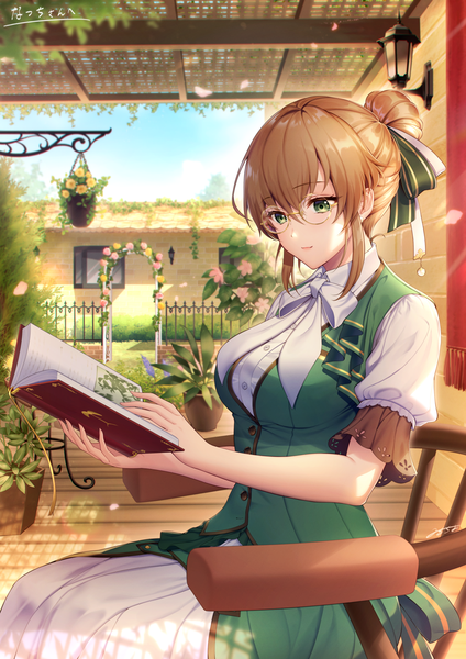 Anime picture 1447x2047 with original milcho single tall image fringe short hair breasts hair between eyes brown hair large breasts sitting holding green eyes signed payot looking away sky outdoors light smile wind