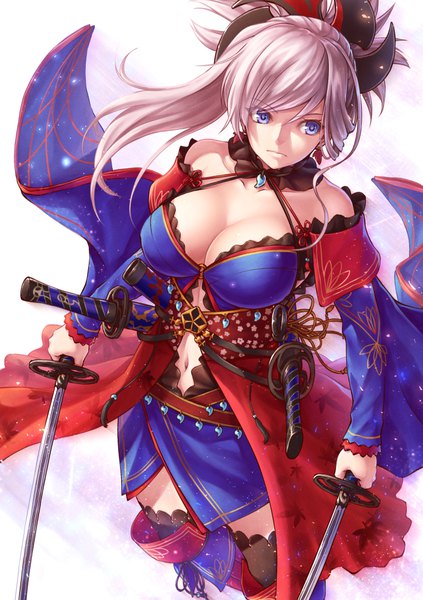 Anime-Bild 705x1000 mit fate (series) fate/grand order miyamoto musashi (fate) lioreo single long hair tall image fringe breasts blue eyes light erotic simple background hair between eyes large breasts standing bare shoulders holding looking away pink hair cleavage