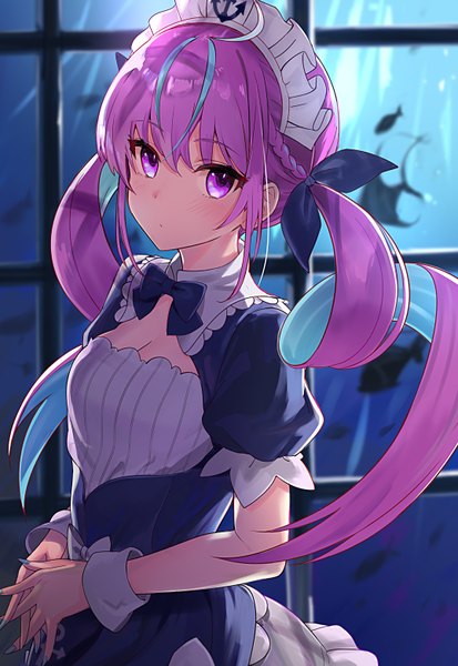 Anime picture 2151x3124 with virtual youtuber hololive minato aqua minato aqua (1st costume) miruto netsuki single long hair tall image looking at viewer blush fringe highres hair between eyes standing purple eyes twintails payot blue hair purple hair braid (braids)
