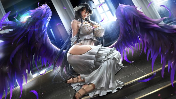Anime picture 7680x4320 with overlord (maruyama) madhouse albedo (overlord) lexaiduer single long hair looking at viewer blush fringe highres breasts light erotic black hair hair between eyes wide image large breasts sitting brown eyes absurdres full body