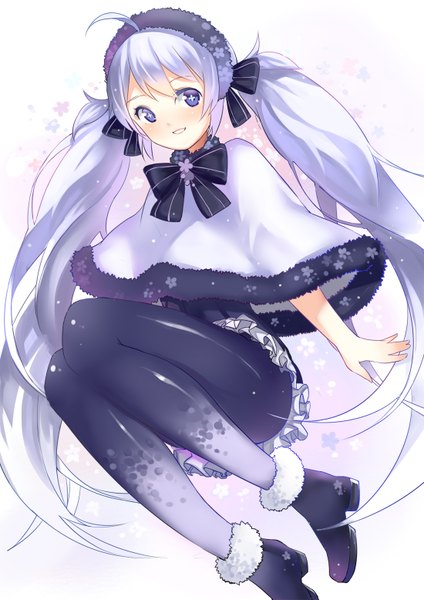 Anime picture 1100x1556 with vocaloid hatsune miku yuki miku sunege (hp0715) single long hair tall image looking at viewer blush fringe open mouth smile purple eyes twintails purple hair spread arms jumping girl dress hair ornament