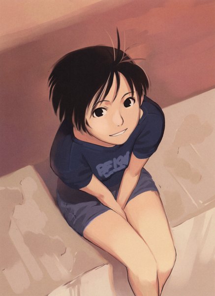 Anime picture 1458x2000 with takamichi tall image short hair smile brown hair sitting legs looking up girl shorts