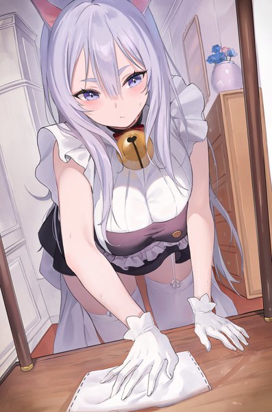 Anime picture 2336x3532 with original emyo single long hair tall image blush fringe highres breasts blue eyes hair between eyes standing animal ears silver hair indoors cat ears maid cat girl leaning leaning forward