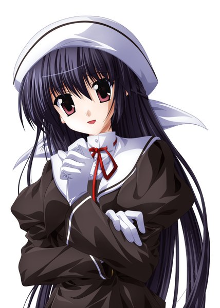 Anime picture 2500x3500 with ef ef a tale of memories ef a fairy tale of the two shaft (studio) amamiya yuuko akiranyo single long hair tall image looking at viewer highres open mouth black hair simple background smile red eyes white background girl gloves uniform