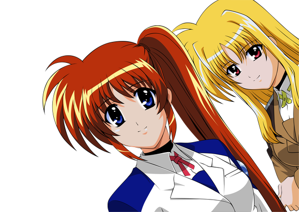 Anime picture 4000x2836 with mahou shoujo lyrical nanoha mahou shoujo lyrical nanoha strikers fate testarossa takamachi nanoha long hair highres blue eyes blonde hair smile red eyes brown hair multiple girls absurdres tail side ponytail crossed arms transparent background vector rendered derivative work