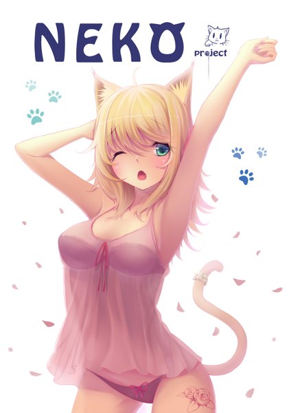 Anime picture 1000x1414 with original sonikey0 0 single long hair tall image blush open mouth blue eyes light erotic blonde hair animal ears tail animal tail one eye closed wink cat ears cat girl cat tail see-through silhouette girl
