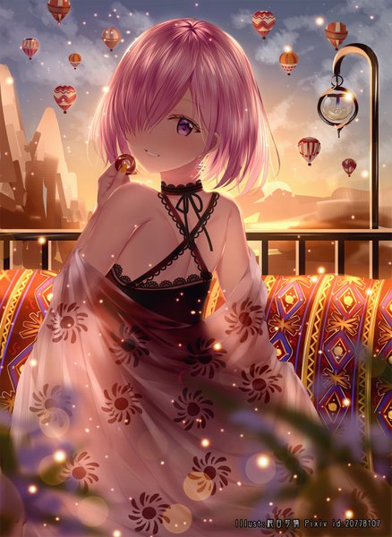 Anime picture 2190x3000 with fate (series) fate/grand order mash kyrielight junpaku karen single tall image looking at viewer blush fringe highres short hair smile standing purple eyes bare shoulders holding pink hair sky cloud (clouds) outdoors