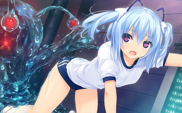 Anime picture 1920x1200 with oizumi 1000-chan coffee-kizoku single blush highres short hair open mouth twintails purple eyes animal ears looking back multicolored hair aqua hair symbol-shaped pupils gradient hair on all fours scared girl monster