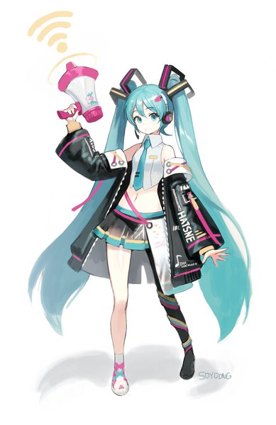 Anime picture 1769x2725 with vocaloid hatsune miku soyoong jun single tall image looking at viewer highres simple background white background twintails signed full body very long hair aqua eyes aqua hair shadow midriff vocaloid boxart pose girl necktie