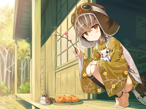 Anime picture 3174x2383 with ayakashi kyoushuutan hiyo cura single looking at viewer blush fringe highres short hair smile hair between eyes brown hair holding brown eyes absurdres full body traditional clothes japanese clothes barefoot loli