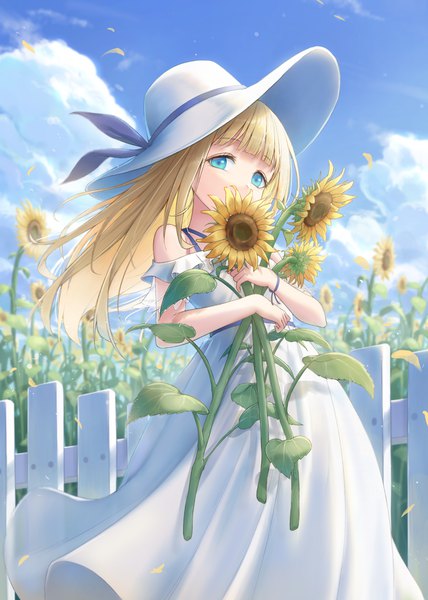 Anime picture 1488x2088 with original gohei (aoi yuugure) single long hair tall image looking at viewer fringe blue eyes blonde hair standing holding sky cloud (clouds) outdoors blunt bangs wind off shoulder covered mouth girl dress