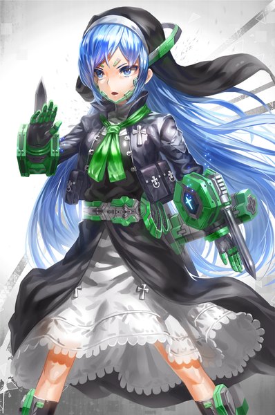 Anime picture 796x1200 with original kfr single long hair tall image blue eyes blue hair girl dress weapon
