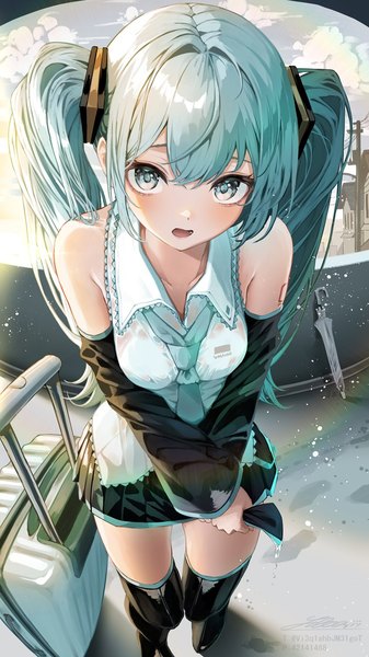 Anime picture 720x1280 with vocaloid hatsune miku shirubaa single long hair tall image looking at viewer fringe open mouth standing twintails bare shoulders sky cloud (clouds) pleated skirt aqua eyes aqua hair wide sleeves wet zettai ryouiki
