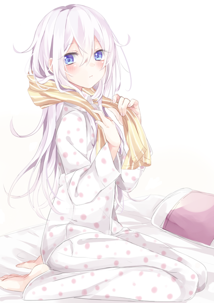 Anime picture 700x991 with kantai collection hibiki destroyer shijima (sjmr02) single long hair tall image looking at viewer blush blue eyes white background sitting ahoge white hair bare legs towel around neck girl pillow bed towel pajamas