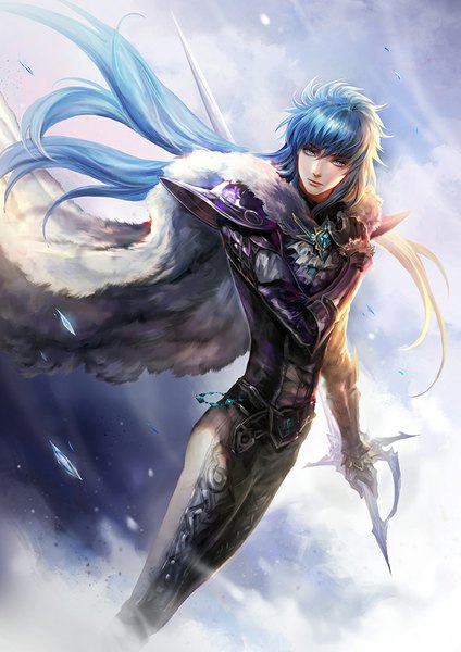 Anime picture 707x1000 with saint seiya toei animation aquarius camus fooltown single long hair tall image looking at viewer purple eyes blue hair cloud (clouds) wind boy gloves weapon sword belt armor fur bodysuit