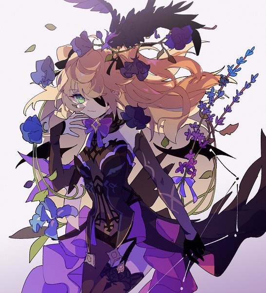Anime picture 916x1007 with genshin impact fischl (genshin impact) oz (genshin impact) emmikn single long hair tall image looking at viewer blonde hair green eyes two side up asymmetrical legwear girl flower (flowers) detached sleeves animal bird (birds) eyepatch single glove crow