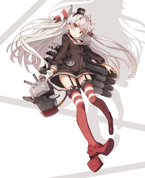 Anime picture 1002x1225 with kantai collection amatsukaze destroyer rensouhou-kun shirabi single long hair tall image looking at viewer blush brown eyes grey hair shadow two side up girl thighhighs dress hair ornament hat short dress hair tubes